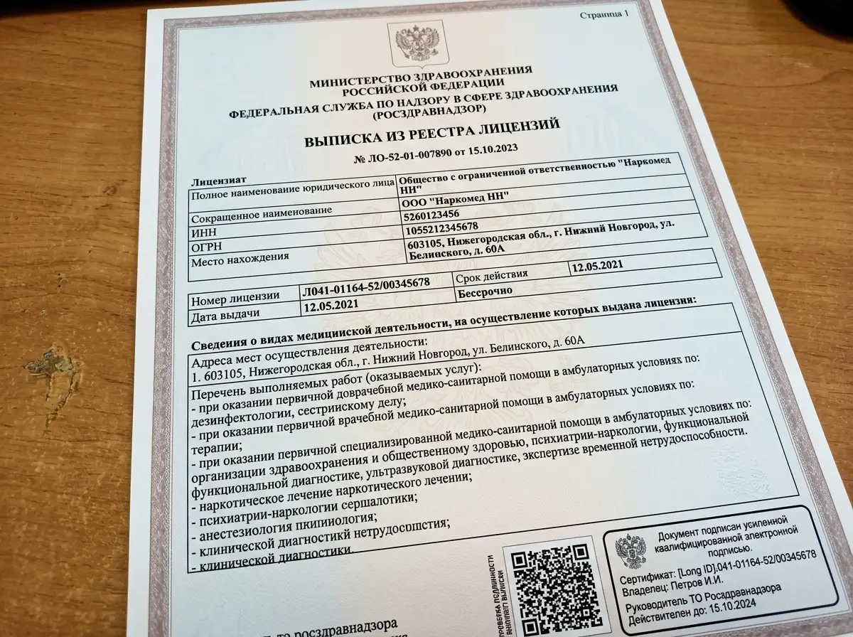 Выписка из реестра лицензий Росздравнадзора, лист 1 — документ с перечнем разрешённых видов медицинской деятельности клиники НаркоМед НН, государственный бланк с QR-кодом