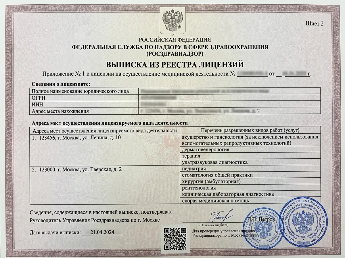 Выписка из реестра лицензий Росздравнадзора лист 2 — приложение с перечнем адресов и специализаций, допускаемых медицинской лицензией, официальный государственный документ